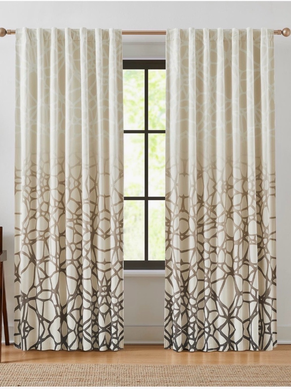 Set of 4 panels. 52" W x 84" Cream and Taupe Geometric Ombre velvet window